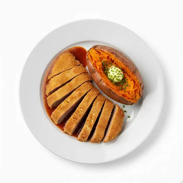 Beef Escalope With Piquant Sauce & Jacket Sweet Potato
